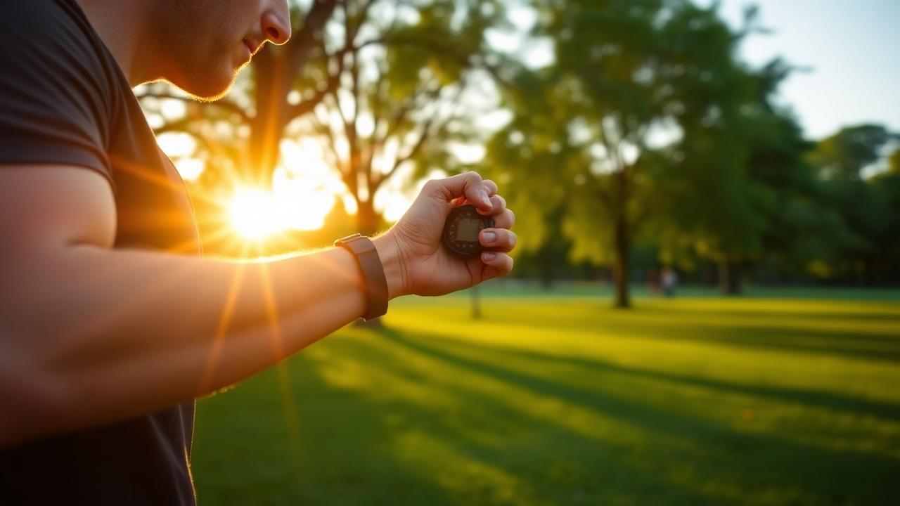 A person checking a stopwatch before a short outdoor workout at sunrise