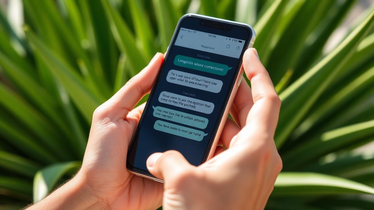 Hands holding a phone with a chat conversation open, green plants in the background
